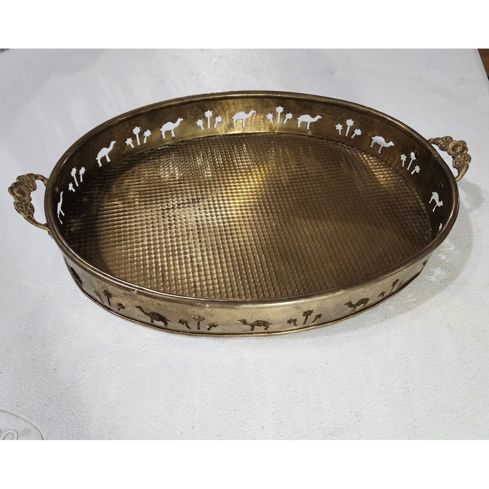 Vintage Brass Oval Serving Tray Camel Palm Tree Cutout Gallery Rim SAC IN 12.5"